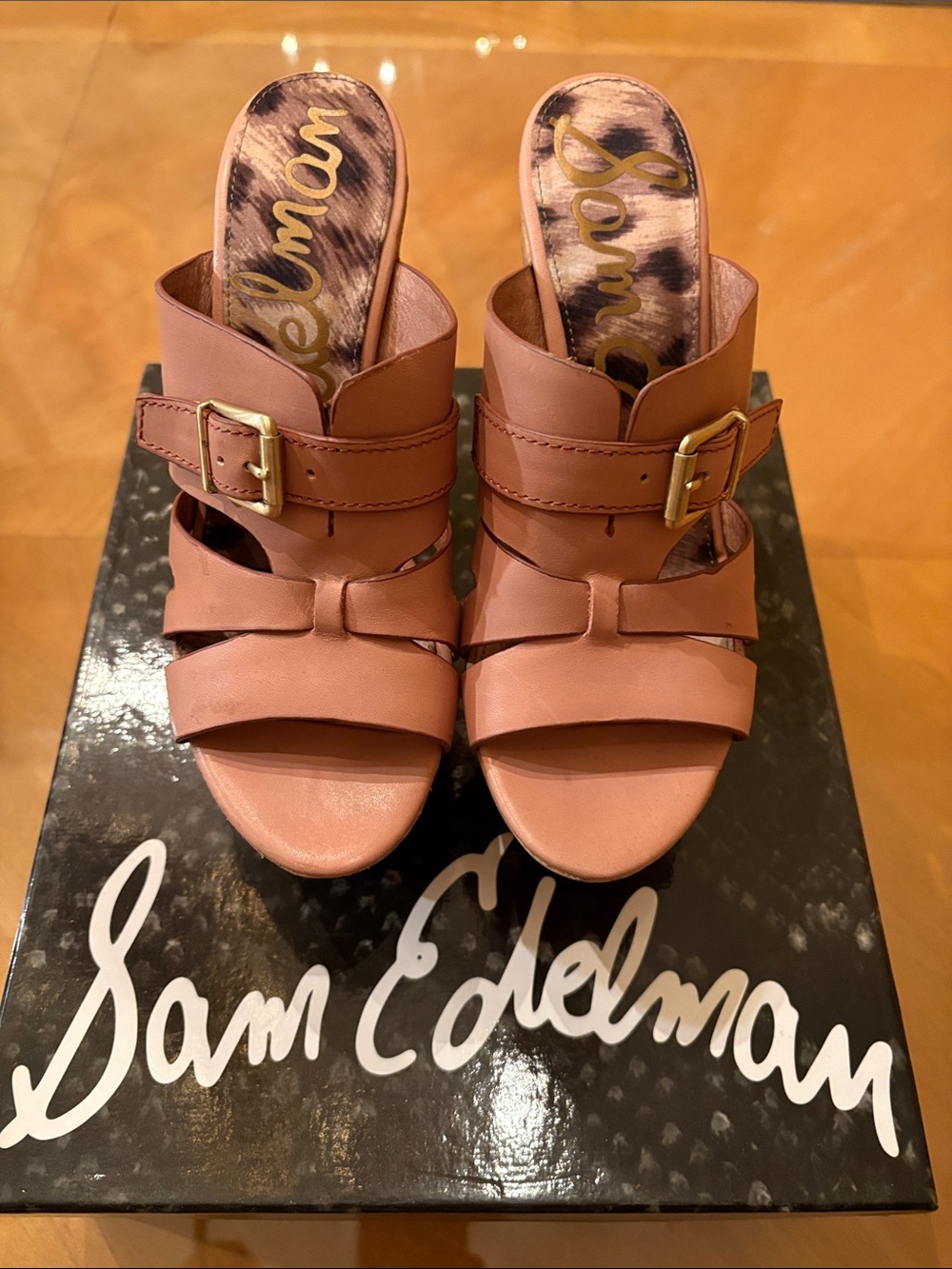 Sam Edelman Toast Rose Leather Buckle Slide Mules